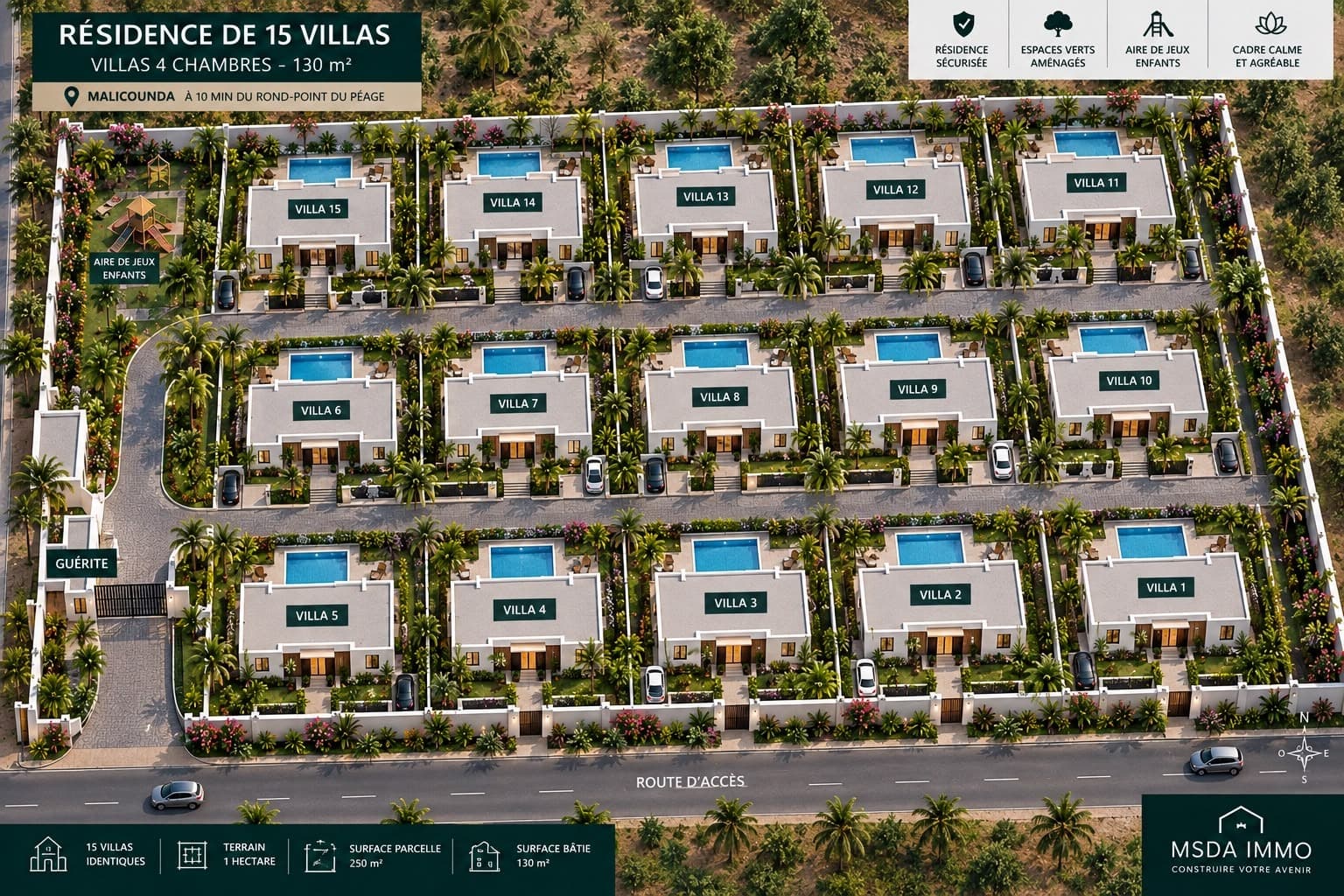 Vue aérienne de la résidence : les 15 villas numérotées réparties en 3 alignements de 5, la guérite d'entrée, l'aire de jeux pour enfants et la route d'accès