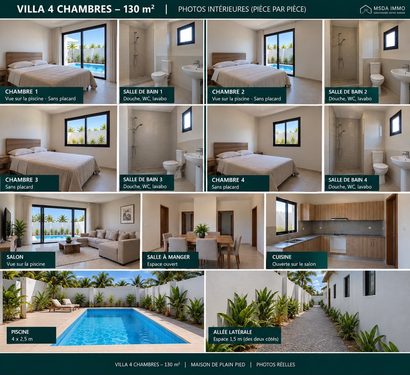 Photos intérieures de la villa pièce par pièce : les 4 chambres, leurs 4 salles de bain, le salon, la salle à manger, la cuisine, la piscine et l'allée latérale