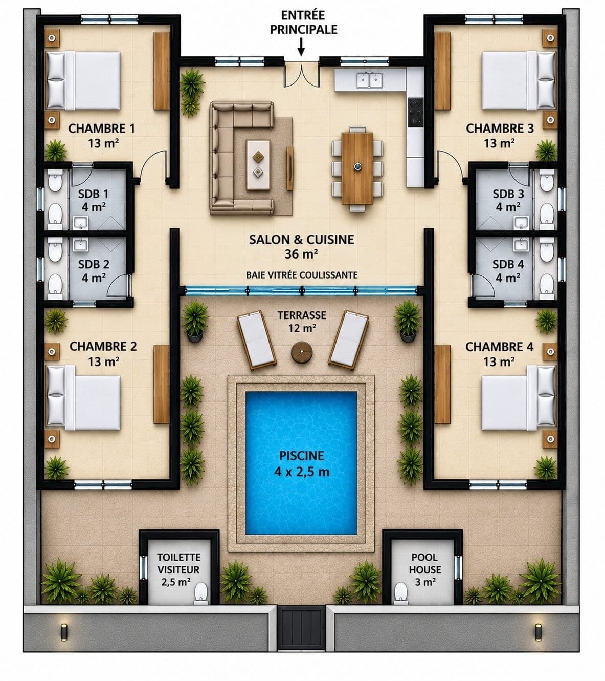 Plan intérieur de la villa : salon et cuisine de 36 m², 4 chambres de 13 m² avec salle de bain privative, toilette visiteur, terrasse de 12 m², piscine et pool house