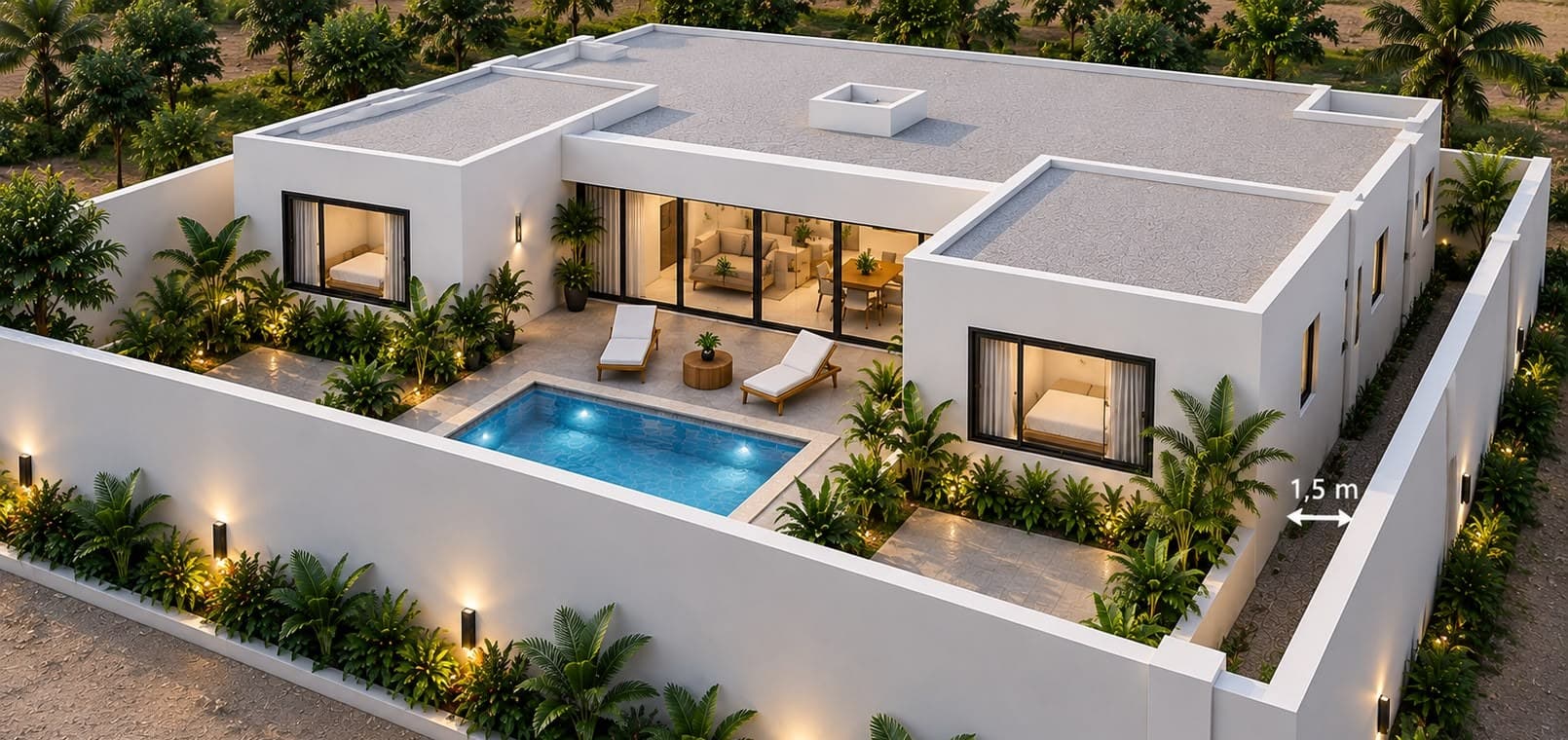 Vue d'angle arrière droit d'une villa : mur plein et espace latéral de 1,50 m