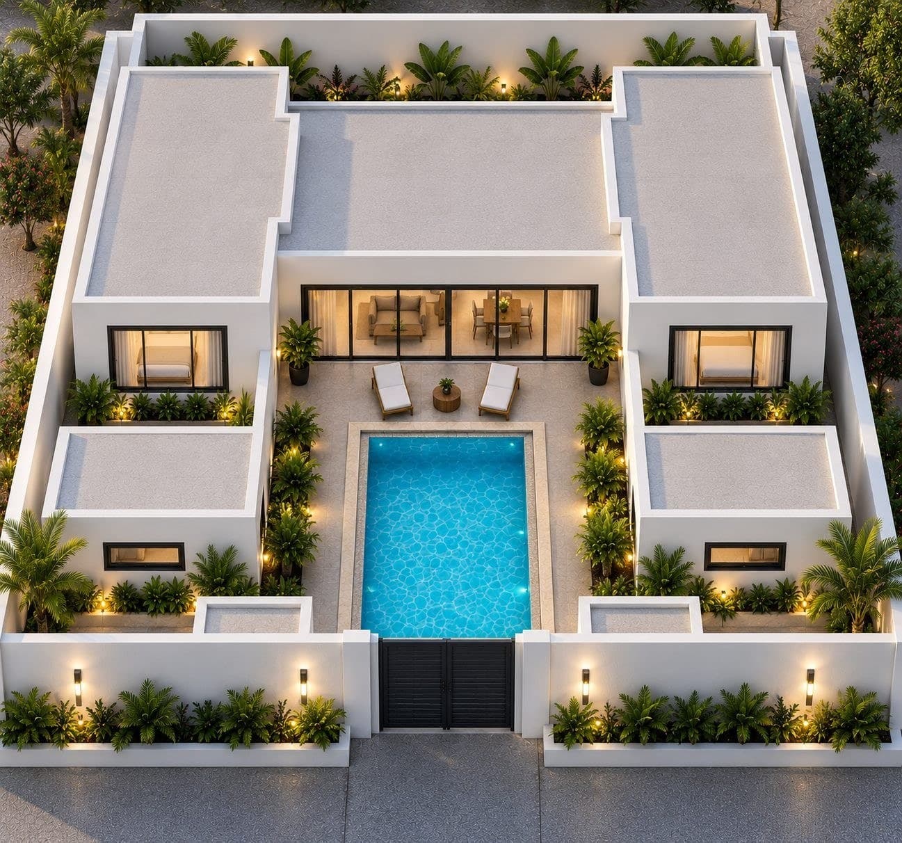 Vue aérienne de la terrasse et de la piscine privée d'une villa de la résidence
